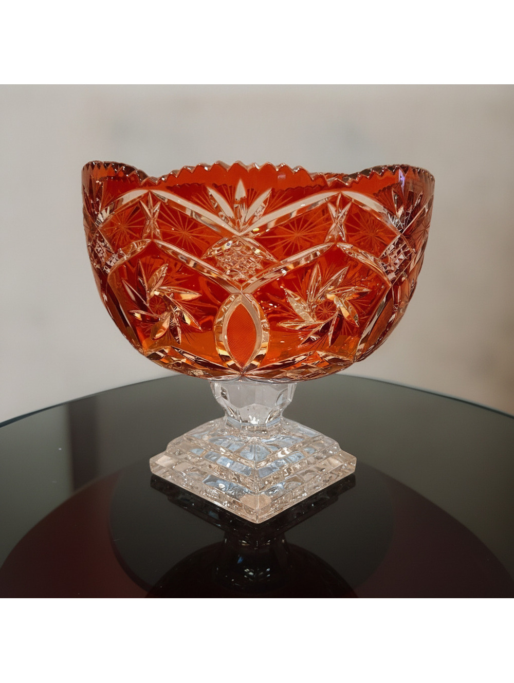 Vtg Red Cut Clear Ruby Crystal Pedestal Bowl 9 1/2” 9”T